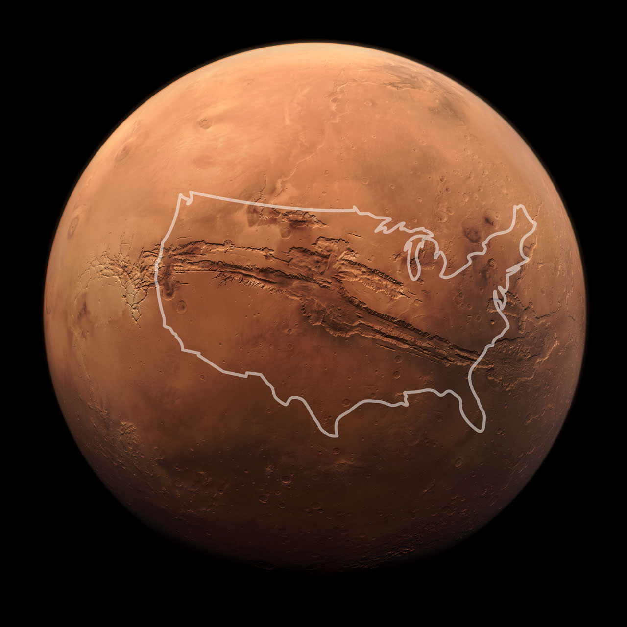 Контур території США без Аляски в плошині Марса. Фото надане автором